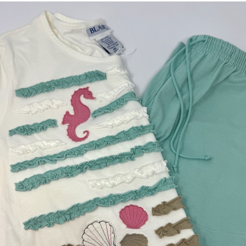 Blair Womens Set Medium Teal White Seahorse Shells Ruffle Coastal Beach Lounge